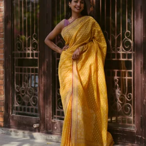 Yellow Handloom Banarasi Jamdani Saree With Floral Motifs-Yellow