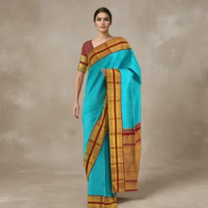 Sky Blue Handloom Kanchipuram Korvai Silk Saree With Checks