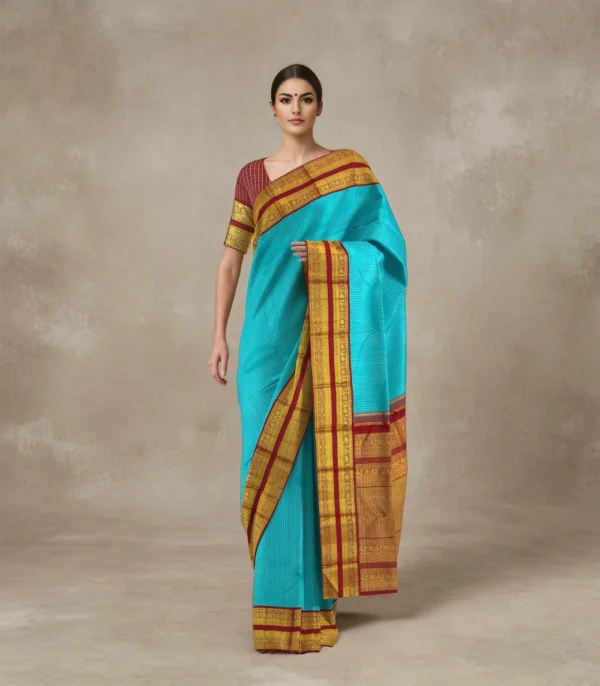 Sky Blue Handloom Kanchipuram Korvai Silk Saree With Checks