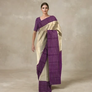 Cream Handloom Kanchipuram Korvai Silk Saree With Chevron Motifs
