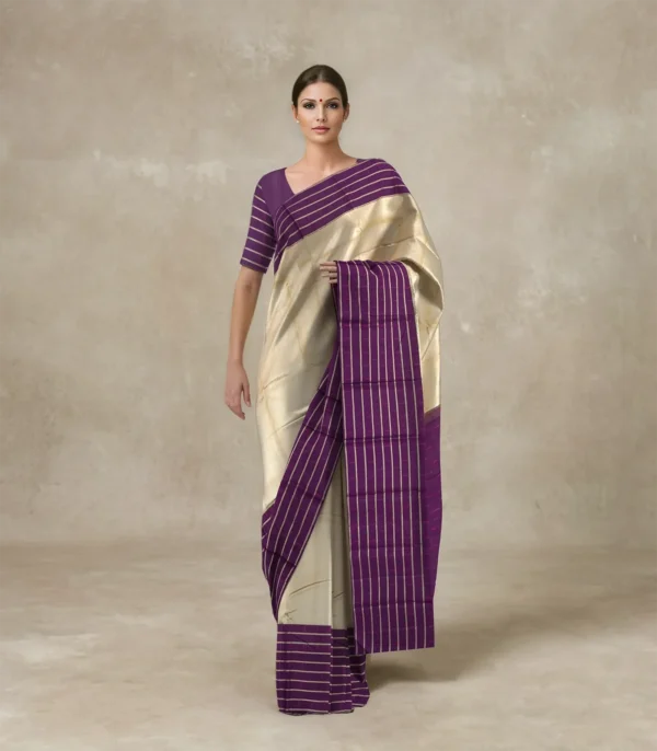 Cream Handloom Kanchipuram Korvai Silk Saree With Chevron Motifs
